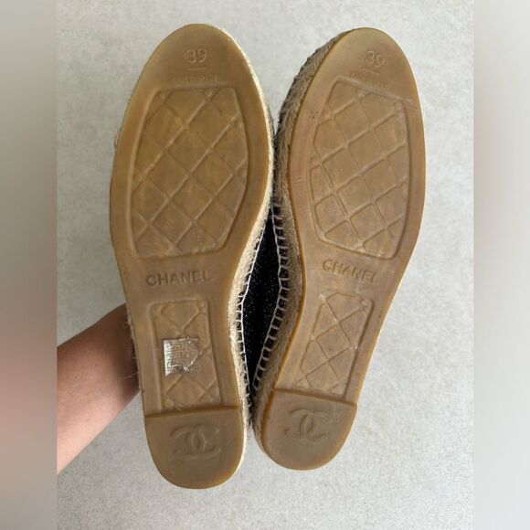 Chanel CC Espadrilles Metallic Navy Tweed Patent Leather Cap Toe Size 39 Slip on - Picture 7 of 11